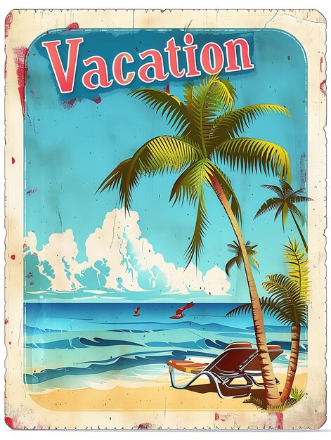 Retro Beach Postcard With a Scalloped Border Vacation in Illustration Vintage Postcard Decorative