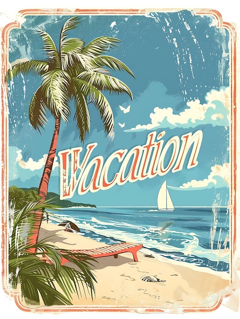 Retro Beach Postcard With a Scalloped Border Vacation in Illustration Vintage Postcard Decorative