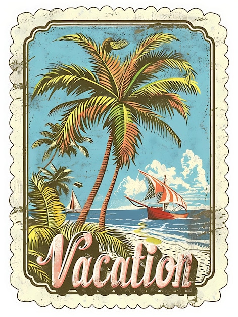 Retro Beach Postcard With a Scalloped Border Vacation in Illustration Vintage Postcard Decorative