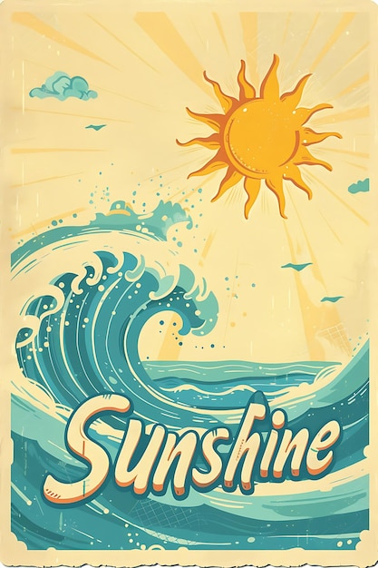 Retro Beach Postcard With a Wave Border Sunshine in Playf Illustration Vintage Postcard Decorative