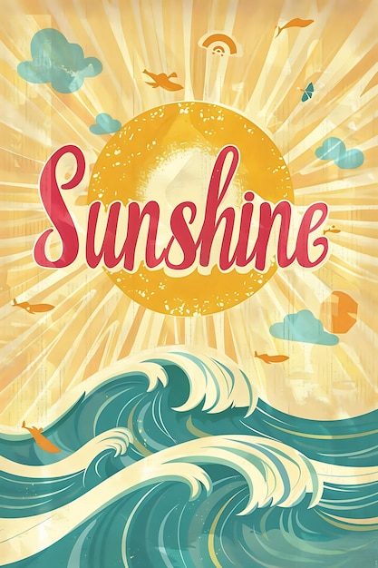 Retro Beach Postcard With a Wave Border Sunshine in Playf Illustration Vintage Postcard Decorative
