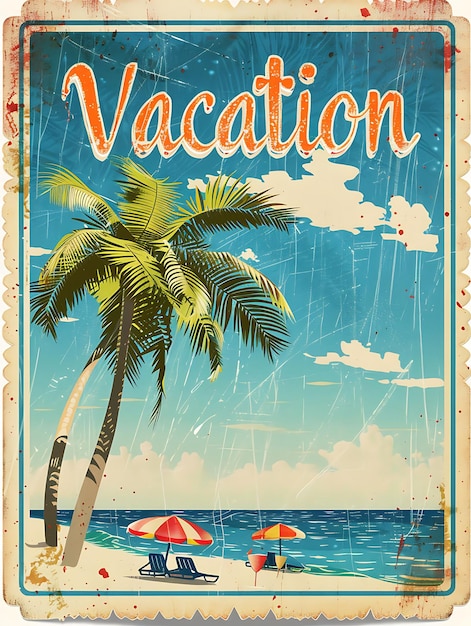 Retro Beach Postkaart met een Scalloped Border Vacation in Illustratie Vintage Postkaart Decoratief