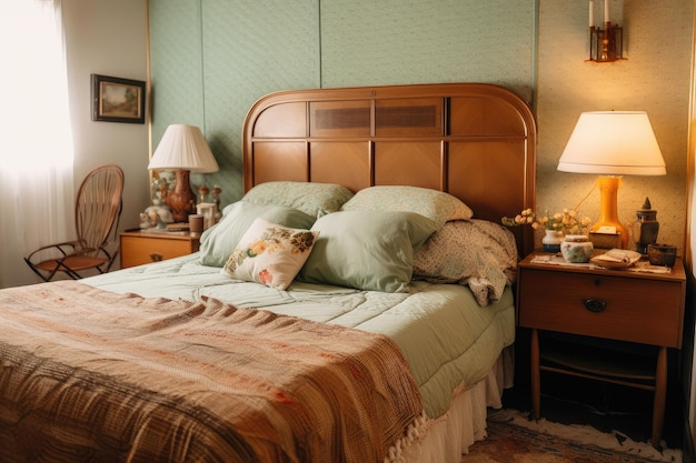 写真 木製のヘッドボードのふわふわの枕とヴィンテージのアクセサリーを備えたレトロなベッドルーム