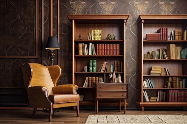 Retro bibliotheek met houten boekenplank vintage interieur