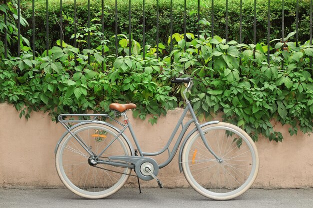 Retro bicycle near fence outdoors