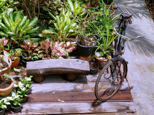 Ретро парковка для велосипедов в саду с деревянным сиденьем и различными горшечными растениями