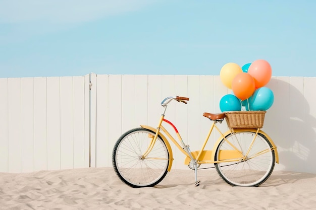 A retro bicycle rests on the sandy beach adorned with balloons in fun colors AI Generated