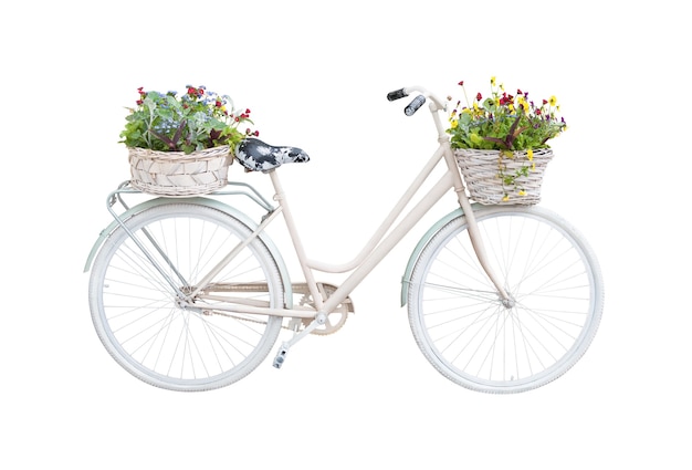 Retro bicycle with floral baskets isolated on white background