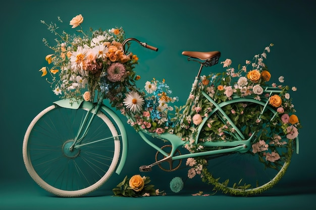 Retro bicycle with flowers against green background florist or spring bloom banner generative ai