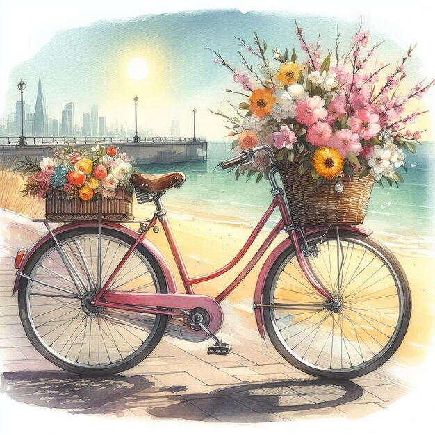 海岸に花を飾ったレトロの自転車水彩画のイラスト
