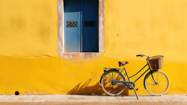 A retro bicycle with a wicker basket near the yellow house