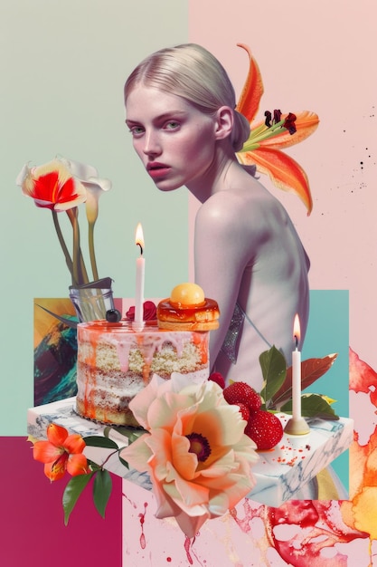 Retro Birthday Bash 80s Inspired Collage Art Celebrating with Cake Candles and Sweet Surprises