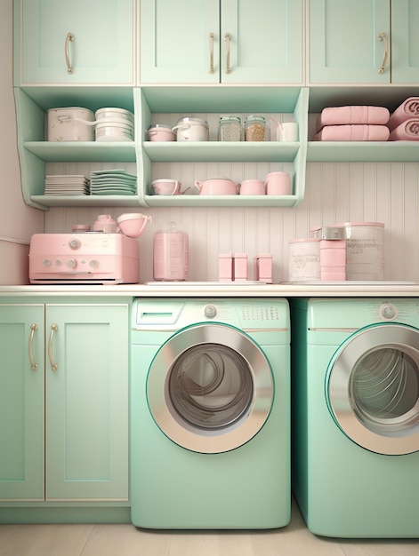 retro bleke teal en licht roze wasmachine en droger hindert planken waskamer prachtig