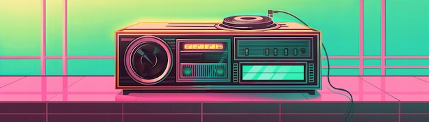 Retro boombox on a tiled floor with a neon gradient Vintage and music concept