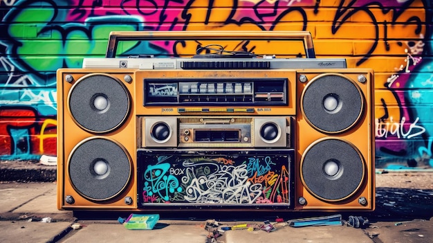 Retro Boombox with Cassette Tapes and Graffiti Art in _34xjpg