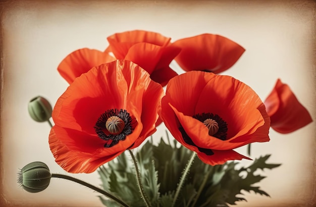 Retro Bouquet of red poppies in against a vintage background Beautiful flowers for 8 March