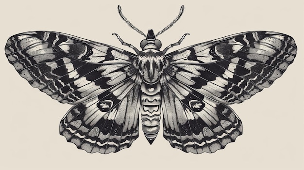 Retro butterfly drawing in black and white Ink sketch etching woodcut Winged insect moth tattoo Detailed handdrawn isolated modern illustration