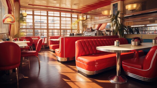 Retro cafe american diner interior with tables sofas