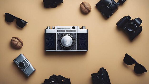 Photo retro camera and accessories on a beige background top view