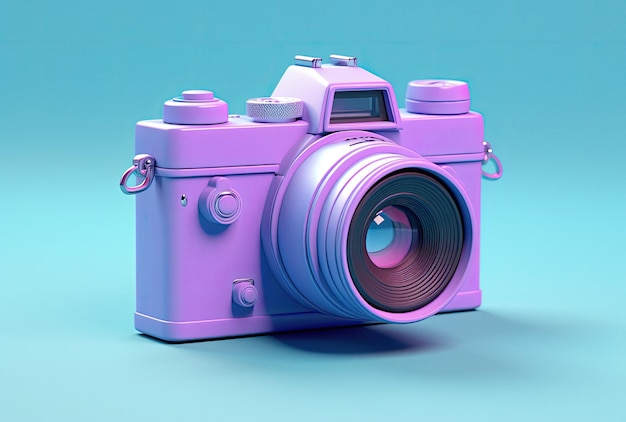 Retro camera in blue and purple neon colours on bright background