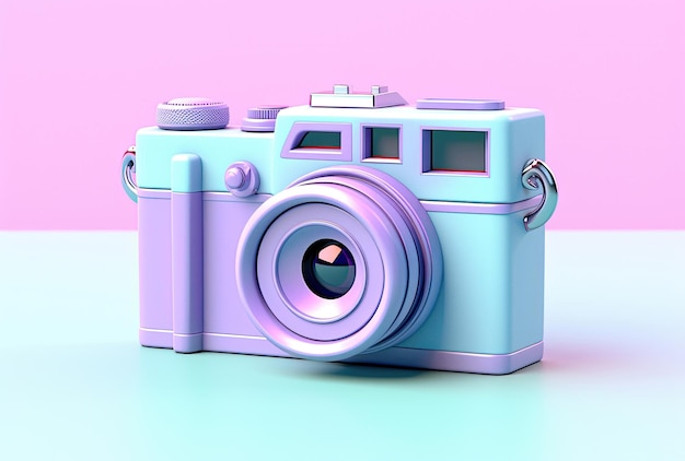 明るい背景に青と紫のネオンカラーのレトロなカメラ