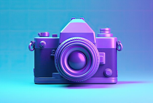 Retro camera in blauwe en paarse neonkleuren op lichte achtergrond