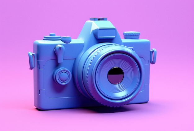 Retro camera in blauwe en paarse neonkleuren op lichte achtergrond