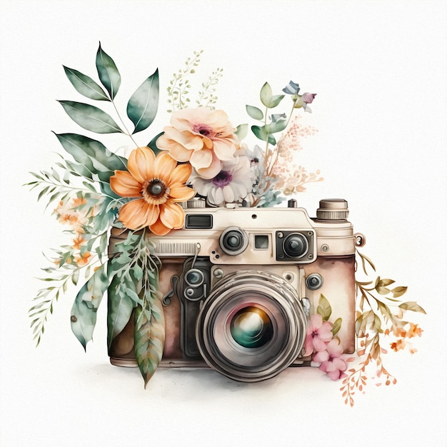 Retro camera in bloemen en planten Handgetekende fotocamera Kan gebruikt worden als print logo voor kaarten bruiloft uitnodiging Aquarel illustratie