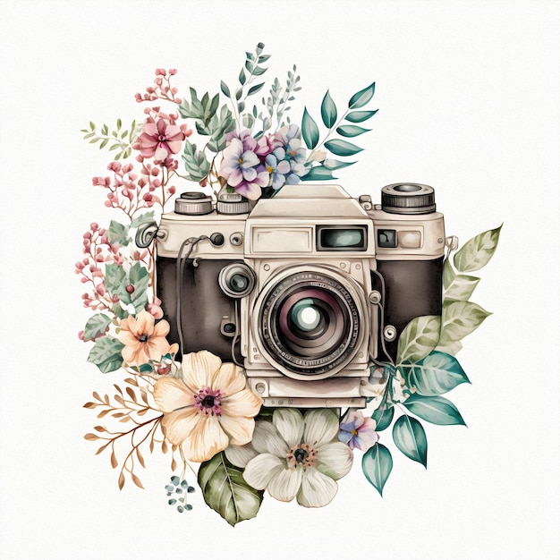 Retro camera in bloemen en planten Handgetekende fotocamera Kan gebruikt worden als print logo voor kaarten bruiloft uitnodiging Aquarel illustratie