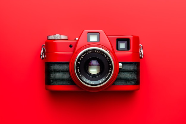 Retro camera isolated on red background Flat lay top view