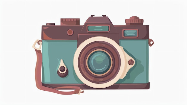 Photo a retro camera with a brown body and a green lens the camera has a strap that is attached to the body