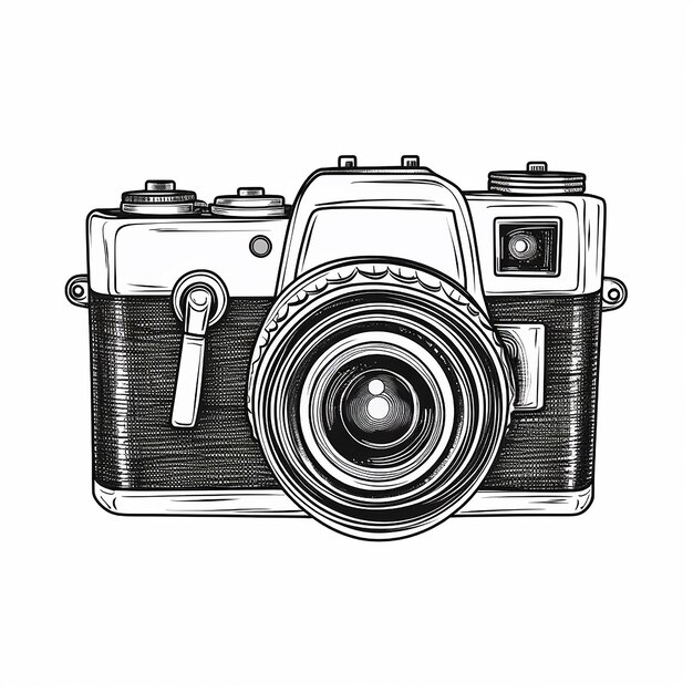 Photo retro camera with lens isolated on white graphic illustration doodle style