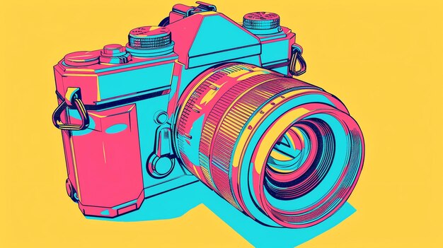 Photo a retro camera with a yellow background the camera is blue and pink with a yellow lens