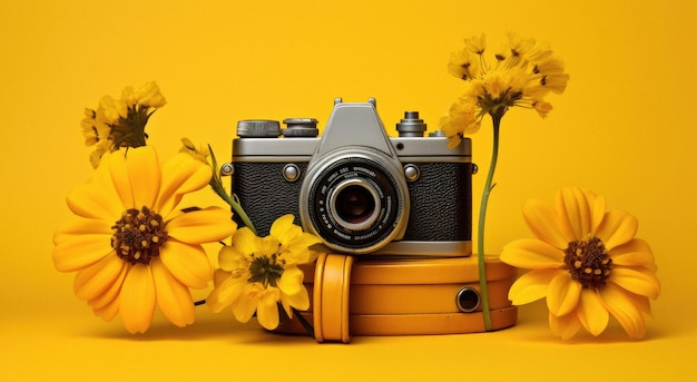 Retro camera in yellow bright colours with flowers around