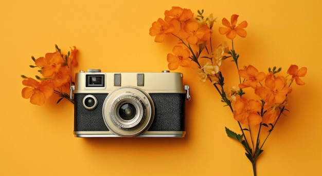 Retro camera in yellow bright colours with flowers around