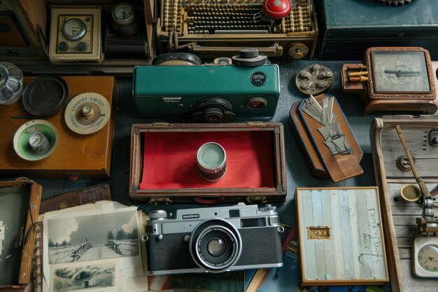 Foto fotocamere retrò e oggetti vintage su superficie in legno