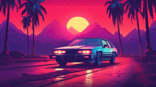 Retro car of the 90s moves along the highway in the rays of a tropical sunset generative ai