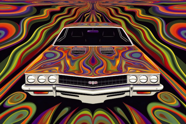 Retro car on abstract colorful background