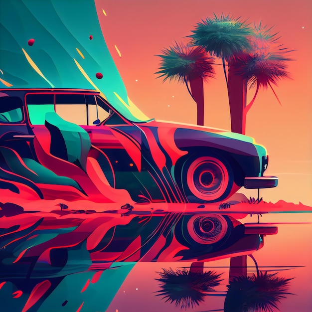 Retro car on the background of palm trees and sunset illustration