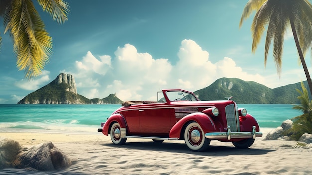 Photo retro car on the beach with palm trees by the sea