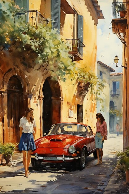 Retro car and couple on an ancient street in a Mediterranean city Art painting watercolor painting