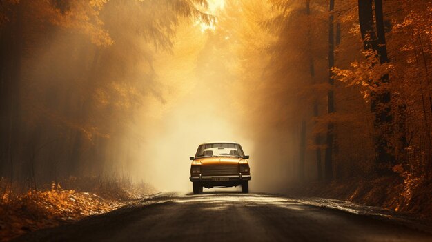 写真 秋の道路を走るレトロカー