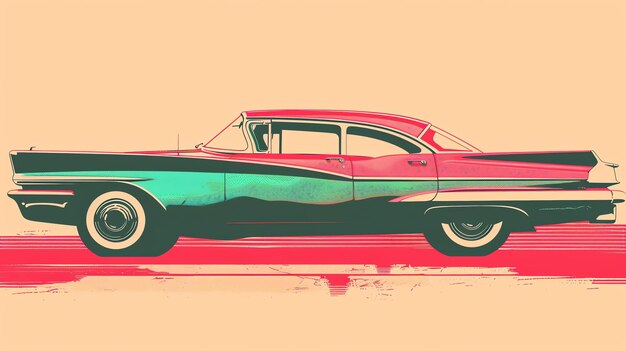 Retro car illustration in pink and blue colors with a beige background