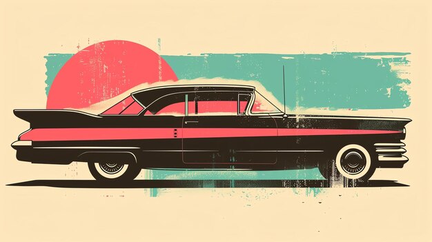 Retro car illustration with a sunset in the background The car is black with a pink stripe and the sun is orange and yellow