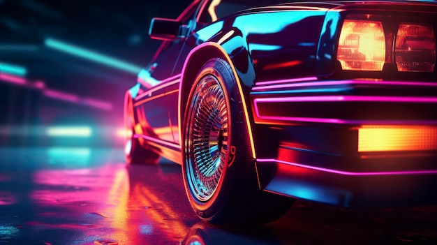 Retro car in neon lights 80s style abstract vintage design