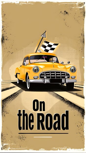 Retro Car Postcard With Checkered Flag Border on the Road Illustration Vintage Postcard Decorative