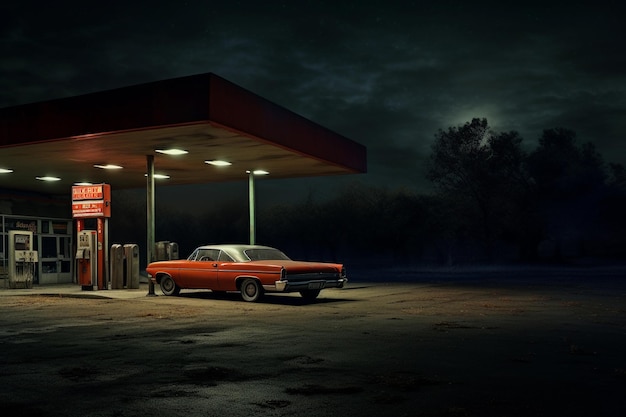 retro car at a retro gas station at night AI Generated