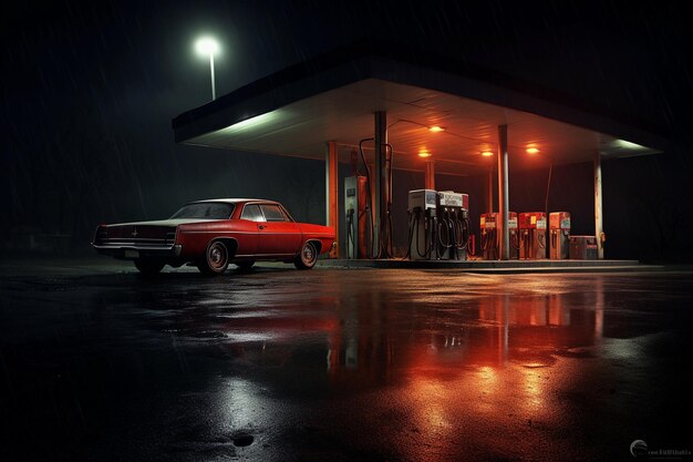 retro car at a retro gas station at night AI Generated