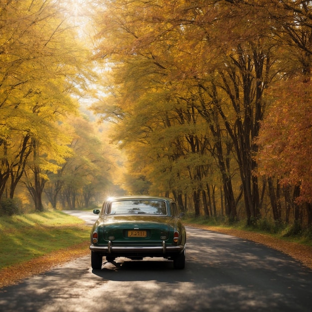 Retro car on the road in the autumn forest with yellow leaves