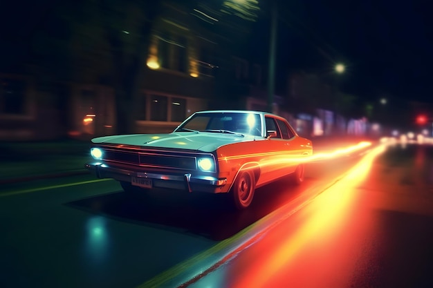 Retro car on the road in the city at night